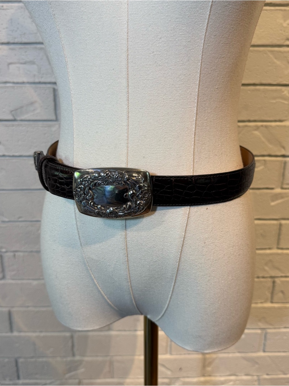 Vintage 90s Brighton Black Silver Leather Belt Buckle Womens M